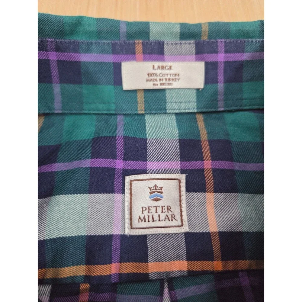 Peter Millar Long Sleeve Shirt Mens Large Button Up Green Navy Plaid 100% Cotton